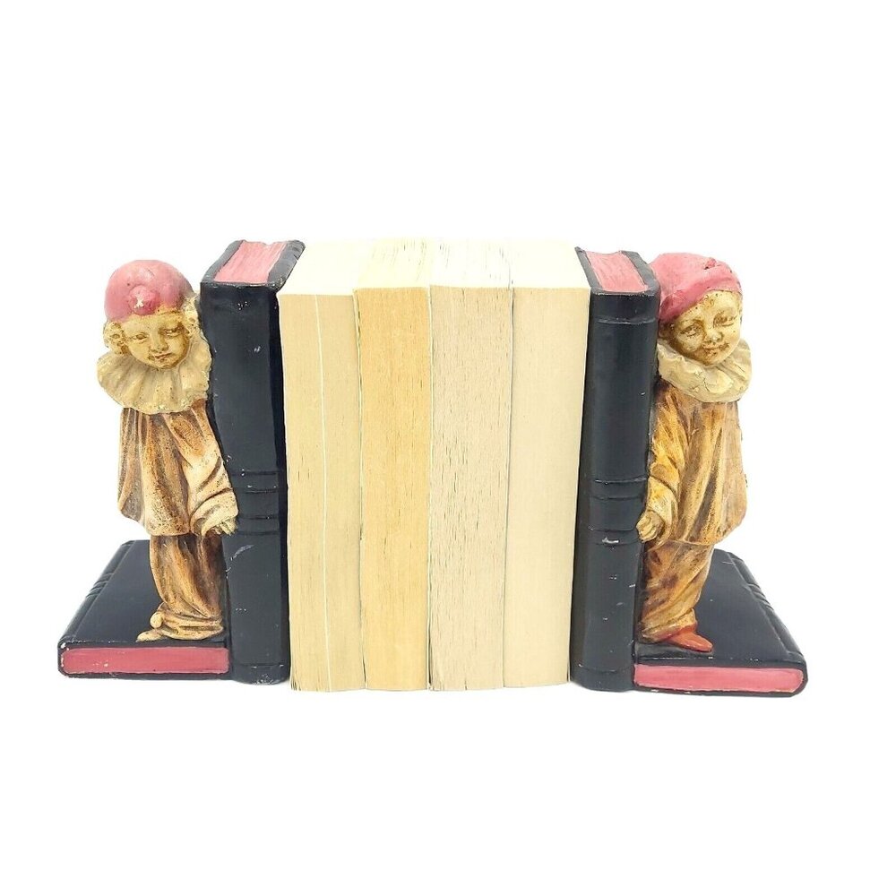 MARBOLEX Danesi PIERROT Clown Bookends Chalkware Plaster Art Deco CANADA Vtg